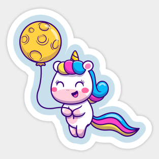 Cute Unicorn with Moon Balloon Cartoon Sticker